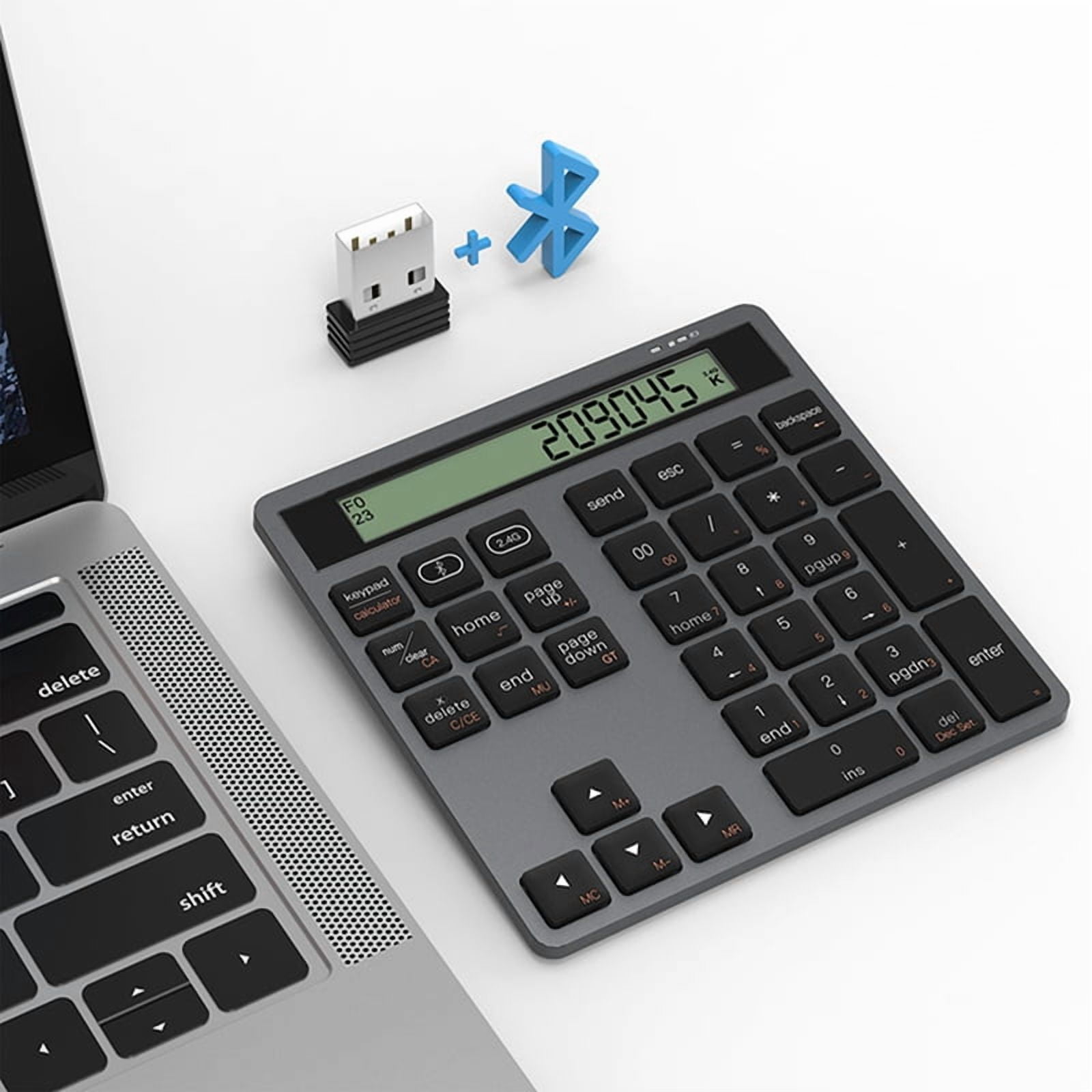 Ergonomic Bluetooth Dual Mode Wireless Numeric Keyboard with Display Calculator 2in1 Wireless Number Keypad Grey