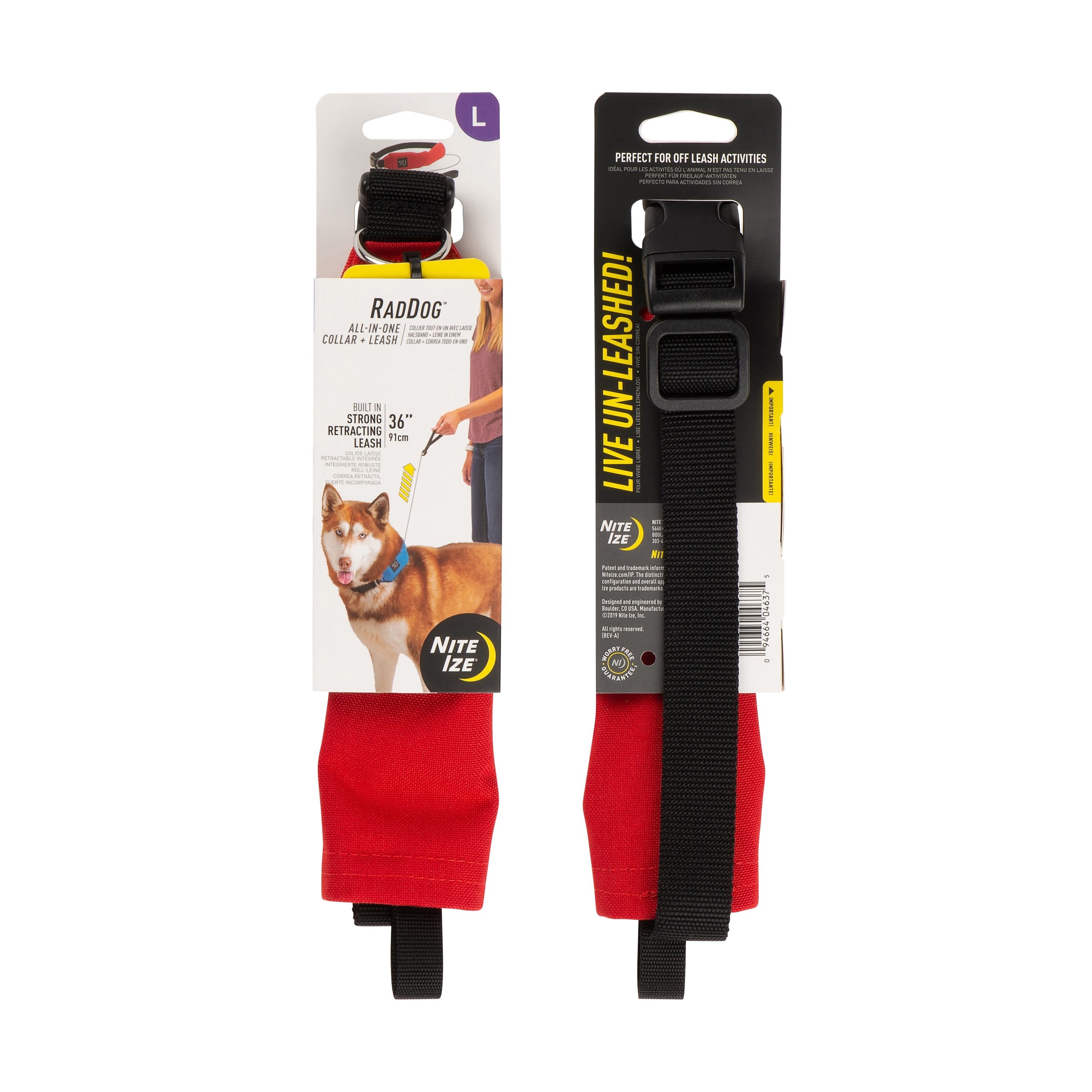 Nite Ize Raddog All-in-One Collar and Leash Combo, Heavy-Duty Dog Collar with Built-in Retractable Leash, 16" to 20" Collar, Red, Large