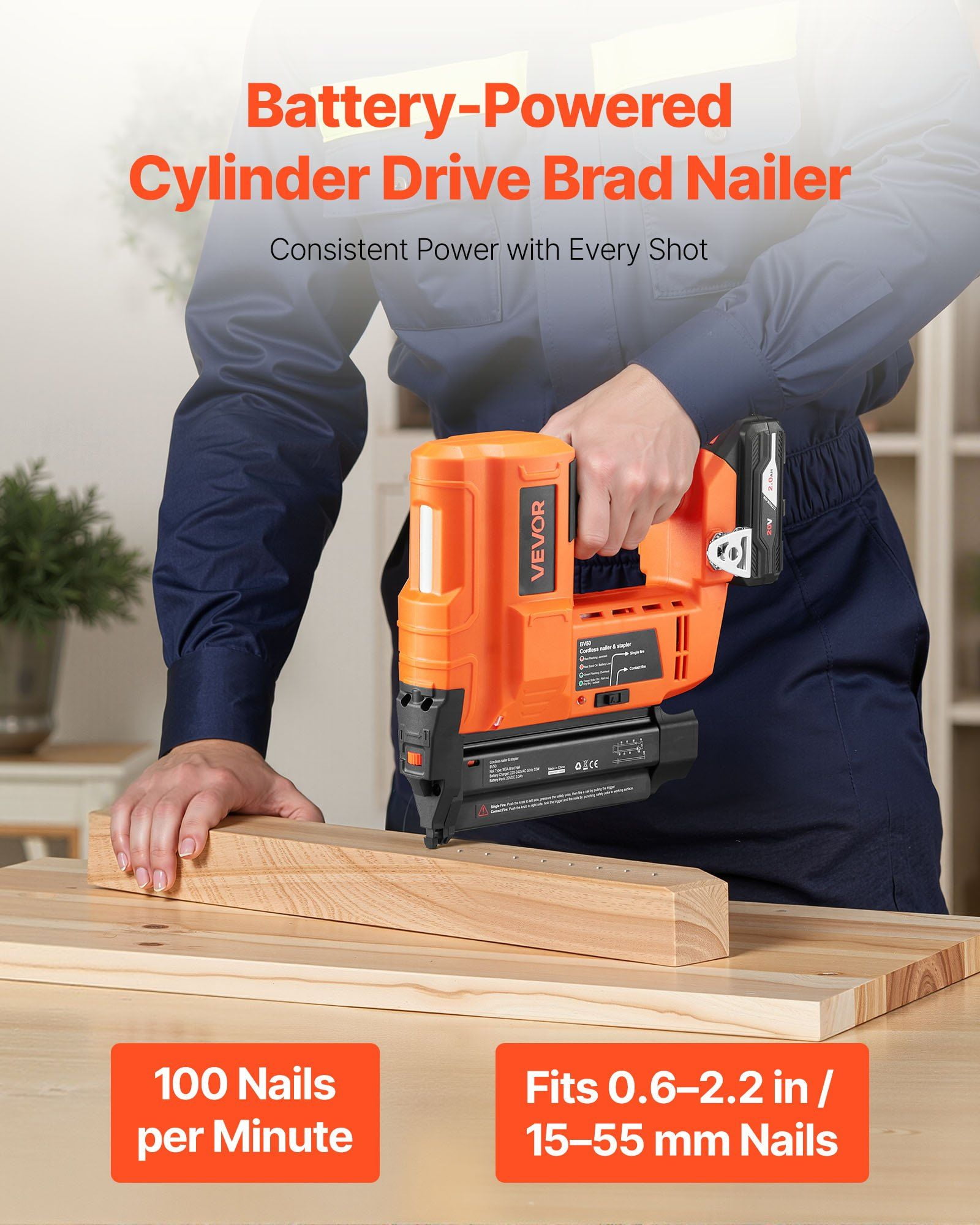 20V Cordless 18-Gauge Brad Nailer Kit with 2.0Ah Battery, Fast Charger, 500 Nails, Precision Depth Control, Designed for DIY Enthusiasts and Home Woodworking