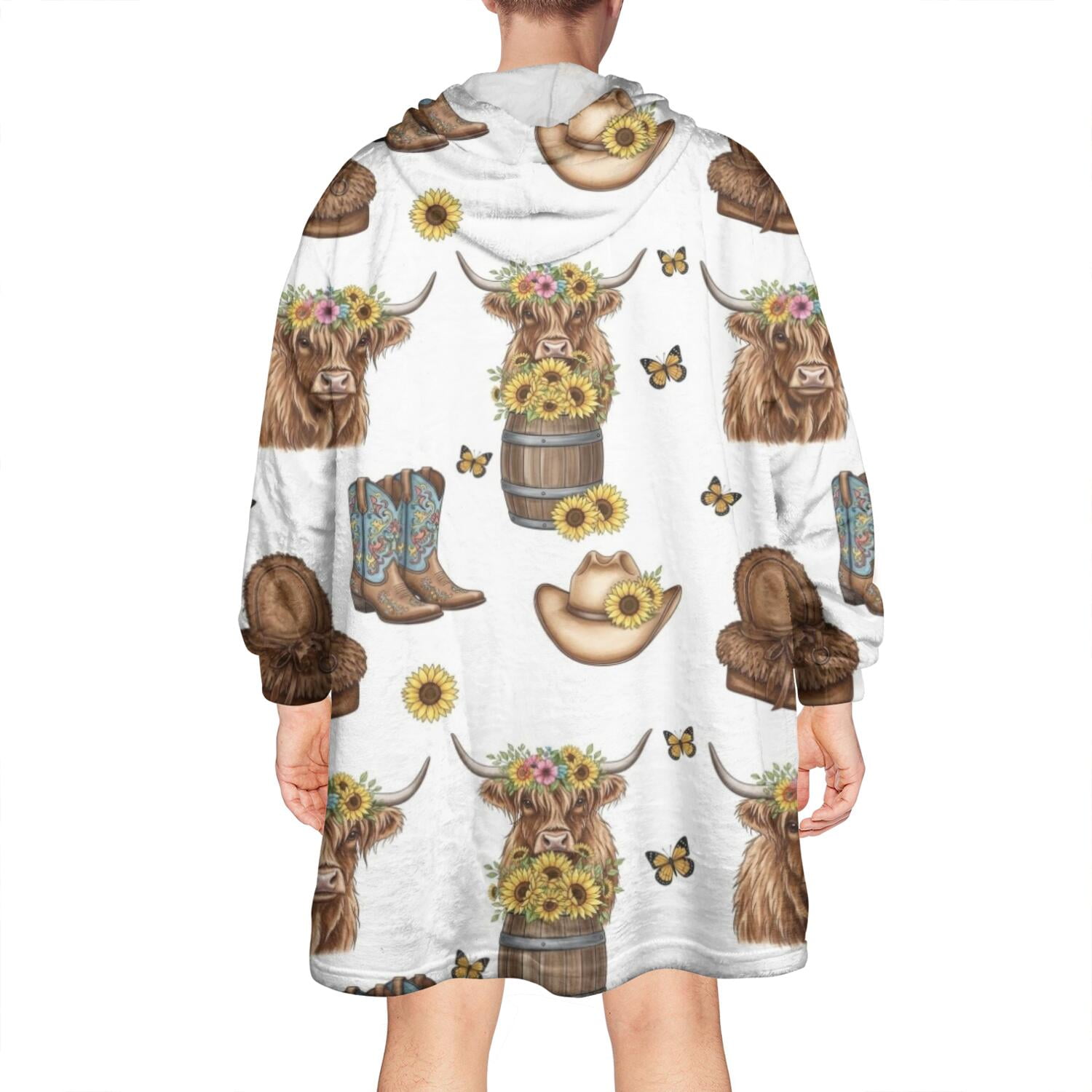 White Highland Cow Flower Barrel Pattern Wearable Oversized Blanket,Wearable Blanket Hoodie for Adults,Cozy Hooded Blankets with Super Pockets,Super Warm Fuzzy Pullover for Women & Men
