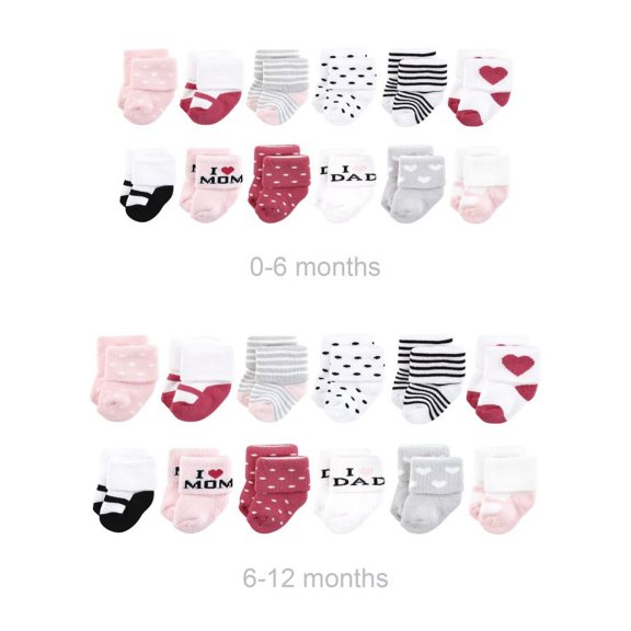 Hudson Baby Infant Girl Grow with Me Cotton Terry Socks, Mom Dad Girl Pink Black, 0-6 and 6-12 Months