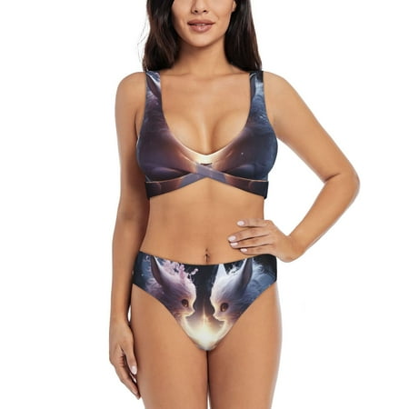Zeuib Fox Couple High Waisted Tummy Control Bikini Set - Knot Front Push Up Top & Cheeky Thong Bottom  Two-Piece Swimsuit for Women-X-Large