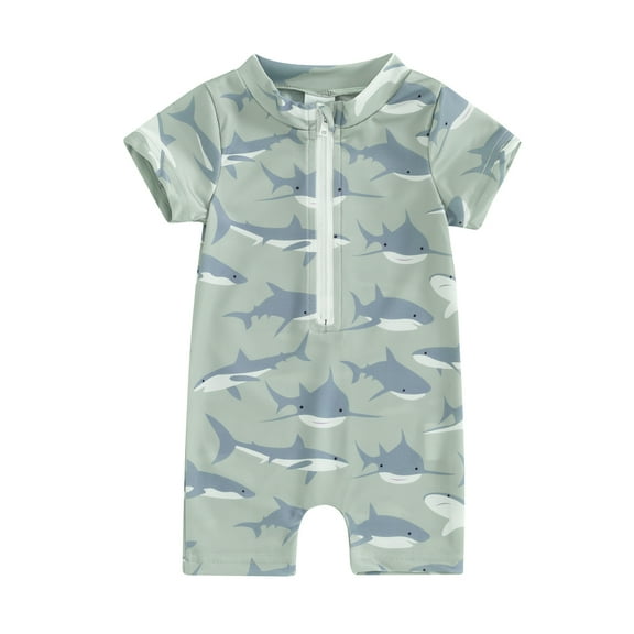 Suealasg Kids Boys One Piece Swimsuits Toddler Boys Short Sleeve Shark Print Rash Guard Swimwear Baby Boys Summer Romper Bathing Suit Beachwear 0-3 Years