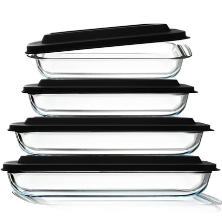LammaLoe Glass Baking Dish with Lids, 8 Piece Deep Casserole Dish, Rectangular Pans for Baking