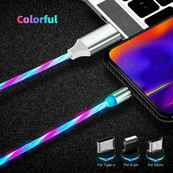3-in-1 LED Light Up Charger Charging Cable USB Cord For 8 Pin, USB C, or Micro USB (Multi Color)