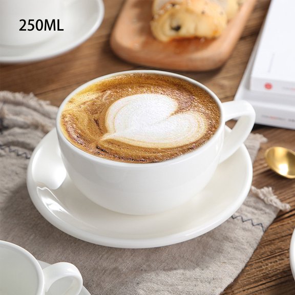 White Coffee Mugs Catering Ceramic Cup & Sacucer Sets with Handle for Office Home, Porcelain Mug for Kitchen or Cafe, 8.5 oz for Cappuccino Latte Tea Milk