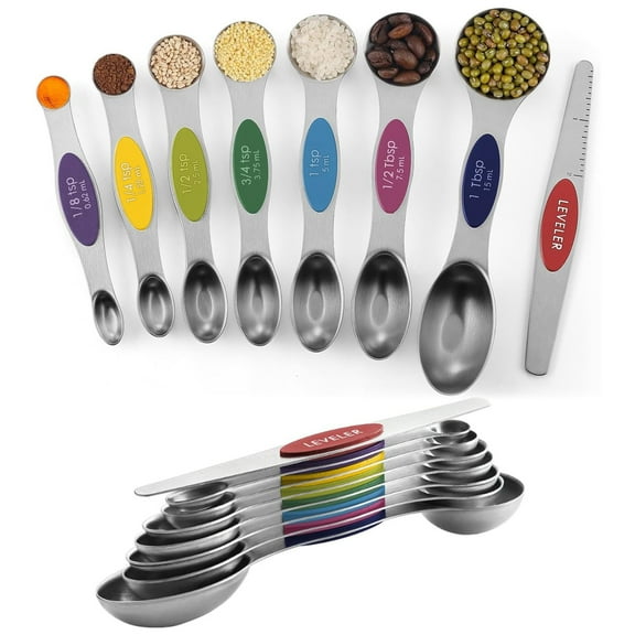 Set of 8 Stainless Steel Magnetic Measuring Spoons Set with Leveler,Dual Sided Stackable Steel Metal Teaspoons for Baking & Cooking Kicchen Accessories