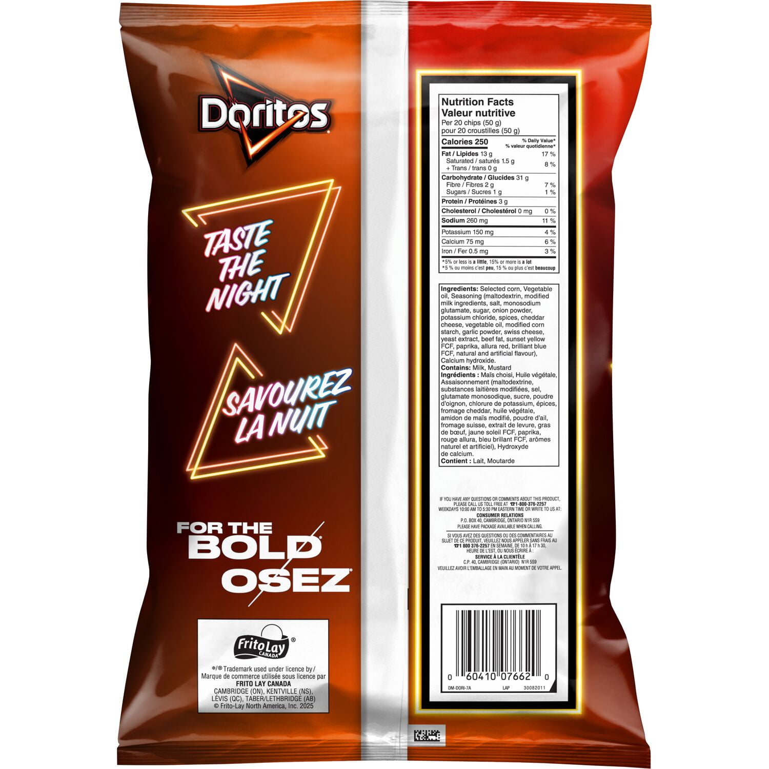 Doritos Late Night Sizzlin' Cheeseburger flavoured Tortilla Chips, 210 g.