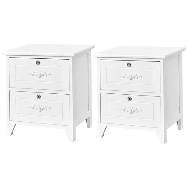 Set Of 2 Wooden Nightstand Elegant End Table W 2 Drawers White Walmart Com Walmart Com
