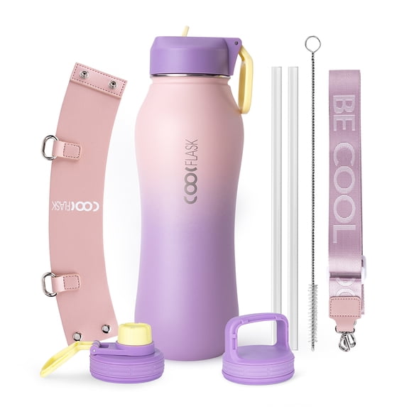 Coolflask 32 oz Insulated Water Bottle with Strap, Stainless Steel Water Bottle with Straw, Double Wall Vacuum Thermos Cold for 48 Hrs Hot for 24 Hrs