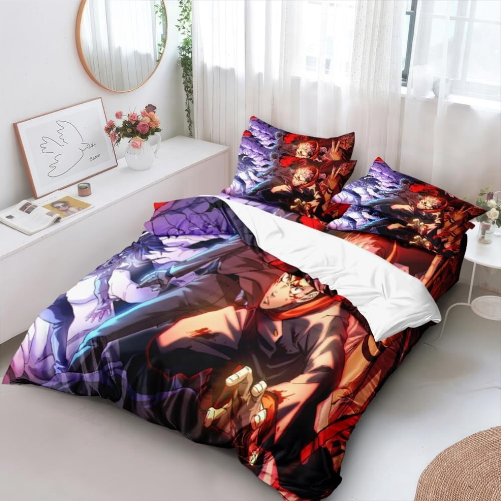 Anime Jujutsu Kaisen Duvet Cover Bedding Set,3D Anime Soft Comfortable Quilt Cover Twin Full Queen King Size with Pillowcases (Color 1, Twin)
