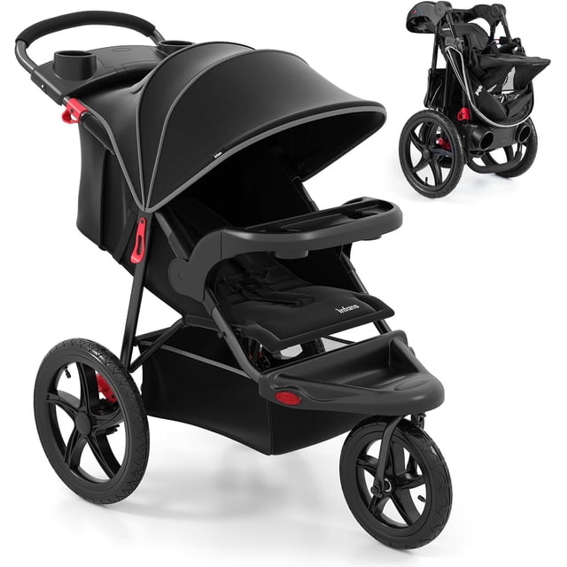 INFANS Jogging Stroller, Jogger Travel System with Shock Absorbing Suspension Dining Plate Cup Holder Adjustable Backrest, Lightweight Baby Strollers for Newborn
