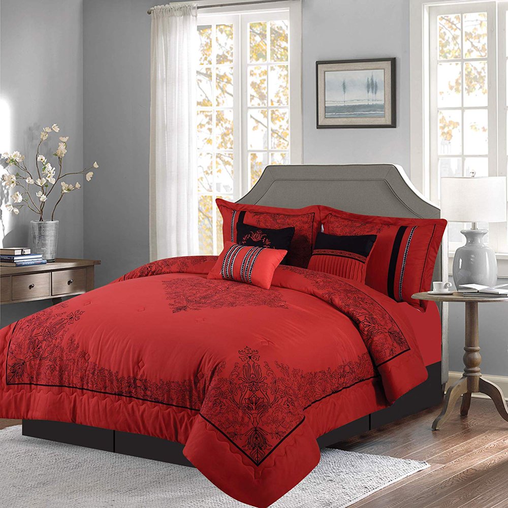 Empire Home 7 Piece Nadia Red Queen Size Oversized Elegant Comforter
