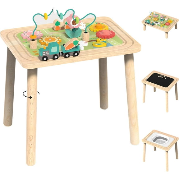 9-in-1 Wooden Montessori Kids Activity Table – 18x18x20in, Bead Maze/Shape Sorter/Train, Sensory Toy for 6-36 Months Toddlers
