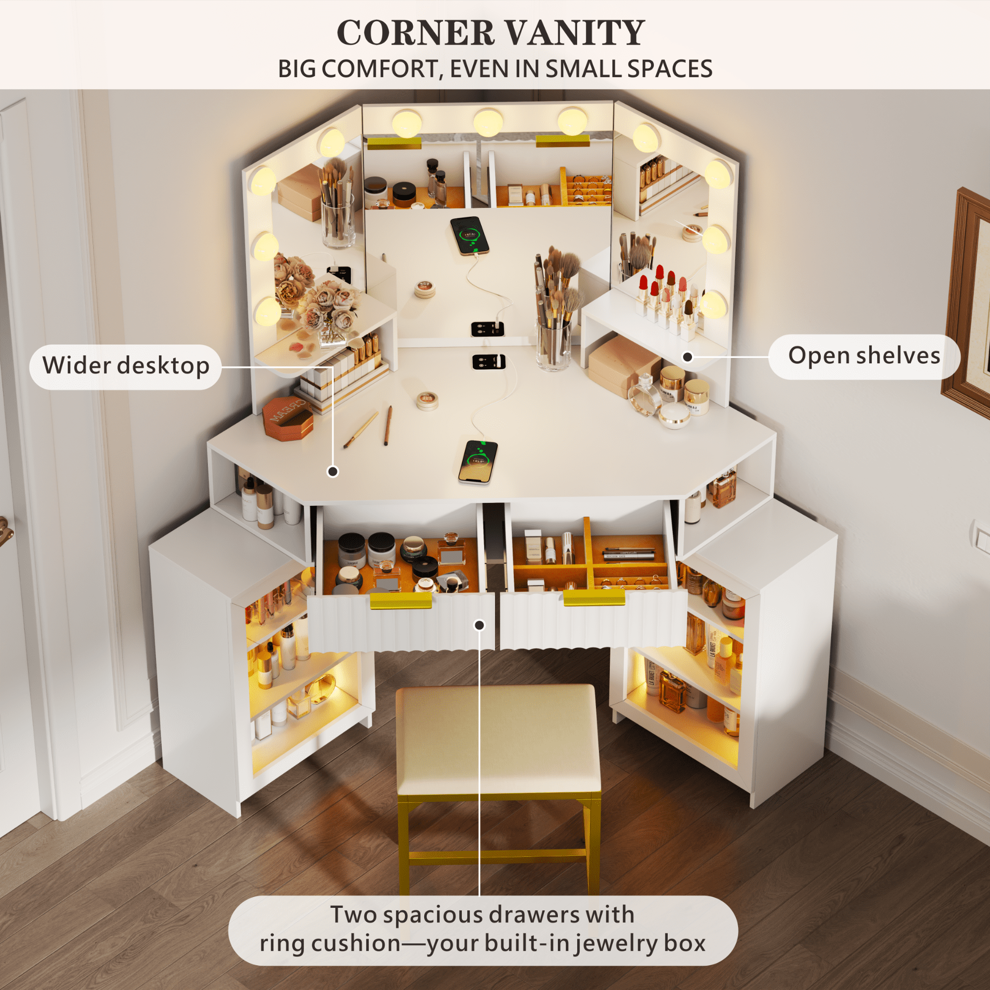VKCC Retro Corner Vanity Desk Table with Ultra-Wide LED Mirror, Charging Station, Storage Drawers & Shelves, White
