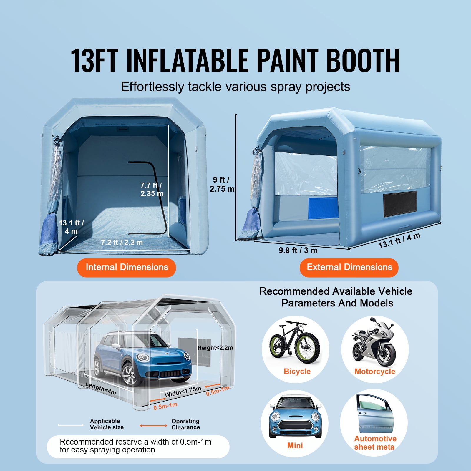 KFFKFF Inflatable Paint Booth, 13.1x9.8x9 ft, Includes 750W Blower & Filtration System, Ideal for Motorcycles, Bicycles & Vehicle Parts