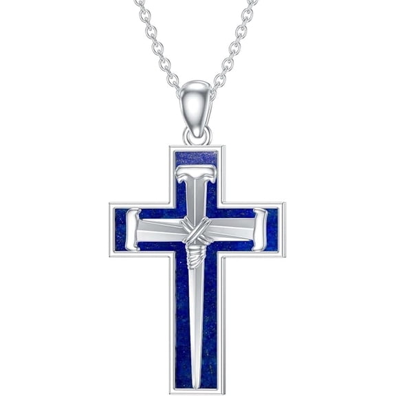 Cross Necklaces for Men 925 Sterling Silver Lapis Lazuli Pendant Three Nail Cross Necklace Christian Jewelry Gifts for Men Husband Brother 22" 2"