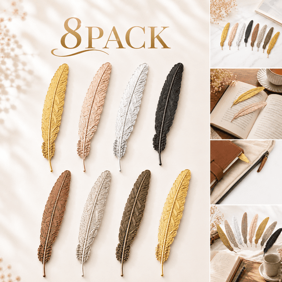 Ustris 8 Pcs Set Metal Feather Bookmarks Assorted Metal Bookmark Feather Shape Book Marker for Adults and Kids
