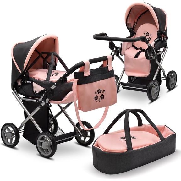 Dolls To Play Baby Doll Convertible Pram Stroller, 3-in-1 Doll Carriage with Removable Bassinet, Adjustable Handle, Canopy, Storage Basket, Pink/Black