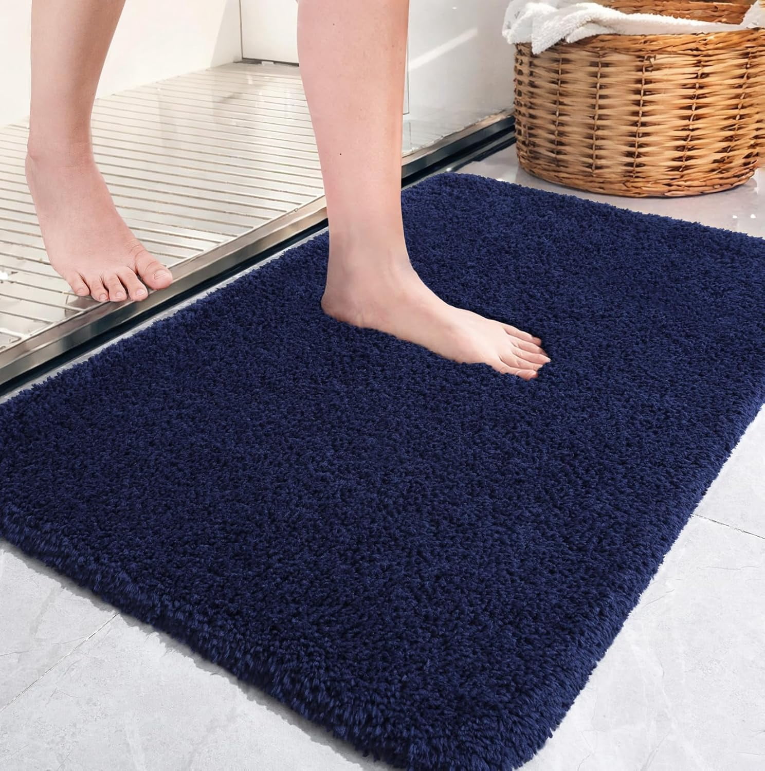 Softlife Absorbent Bathroom Rugs Microfiber Non Slip Bath Mat for Bathroom Soft Shaggy Rug,48"x24",Navy