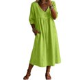 thumbnail image 2 of Summer V Neck Midi Dress for Women 3/4 Sleeve Solid Cotton Linen Dresses Casual Loose Beach Vacation Dresses with Pocket, XL, 2 of 6
