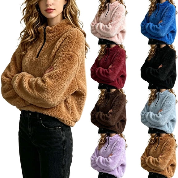 DYTTDG Women's Quarter Zip Fleece Pullover, Long Sleeve Solid Stand Collar Cropped Sweatshirt Loose Casual Outdoor Daily Top for Fall & Winter