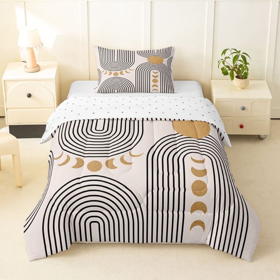 Homewish Bohemian Abstract Lines Twin Comforter Sets,Mid-Century Artwork Bedding Set,Beige,Reversible,2 Pieces,1 Comforter and 1 Pillowcase