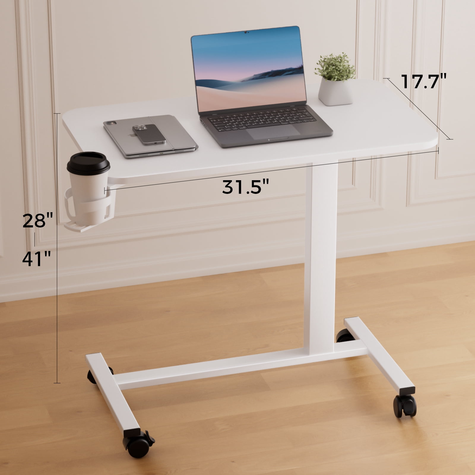 EXRACING Pneumatic Standing Overbed Desk with Lockable Wheels, Height Adjustable Rolling Laptop Table for Home & Hospital, Black