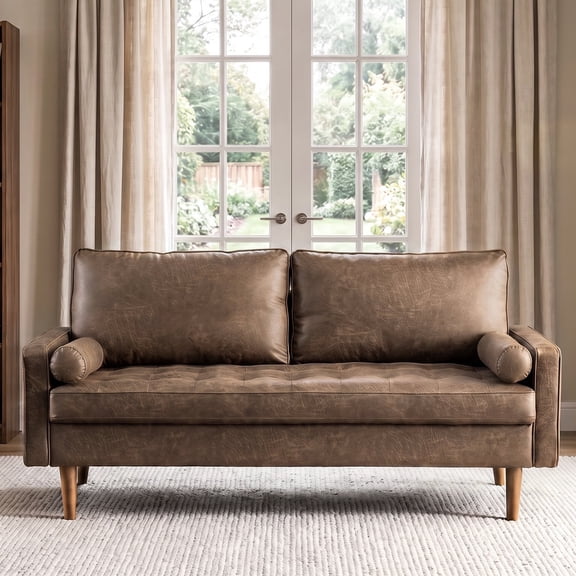 Koby Home 70" Loveseat Sofa with Wood Frame, Mid Century Modern Couch 2 Seater, Faux Leather Love Seat for Small Spaces Dark Brown
