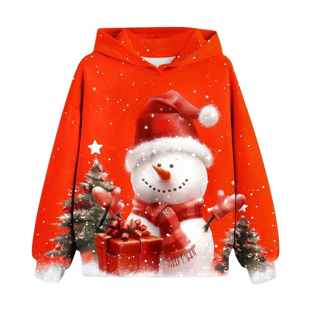 Chandail à Capuche en Polaire pour Filles, Chemise de Noël à Manches Longues, T-shirt Imprimé, Col Rond, Rouge 140
