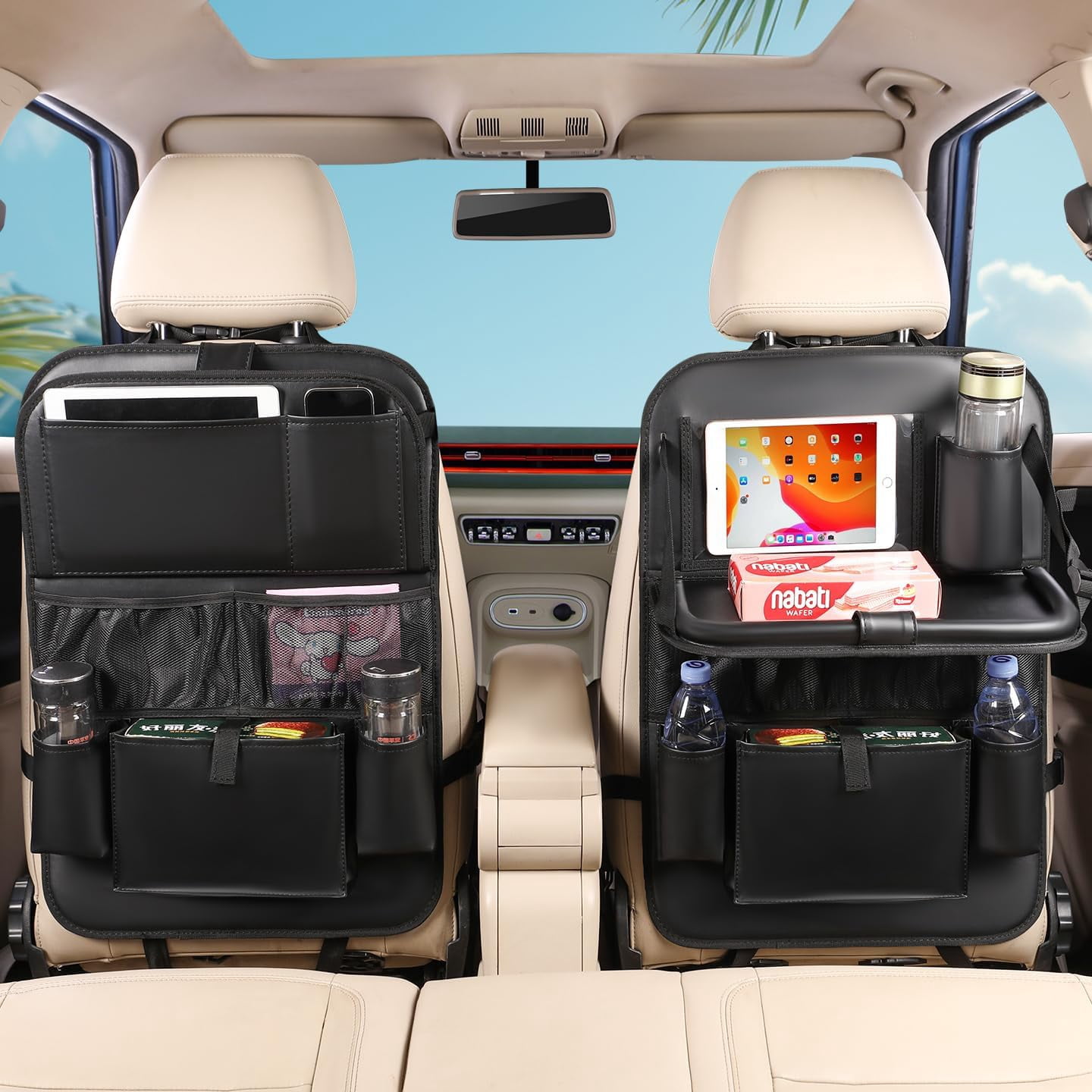 2PACK Leather Car Backseat Organizer with Tablet Holder - 9 Large Storage Pockets, Foldable Food Tray & Anti-Scratch Kick Mats - Universal Car Seat Protector for Kids, Pets & Travel Accessories