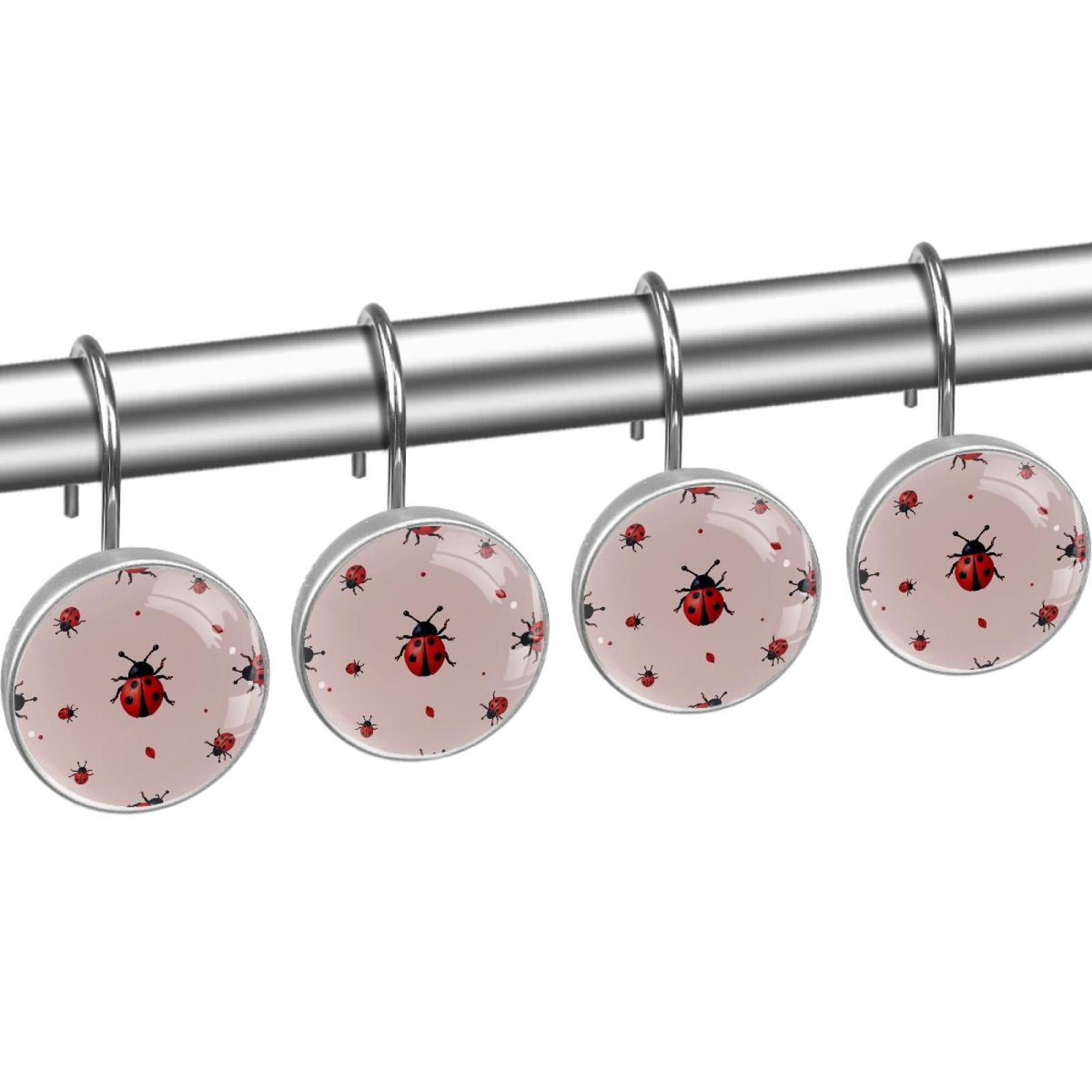 Ladybugs Red Lips Polka Dots Shower Curtain Hooks Round Crystal Glass, Set of 12 Shower Curtain Rings - Shower Hooks for Curtain Shower Rings