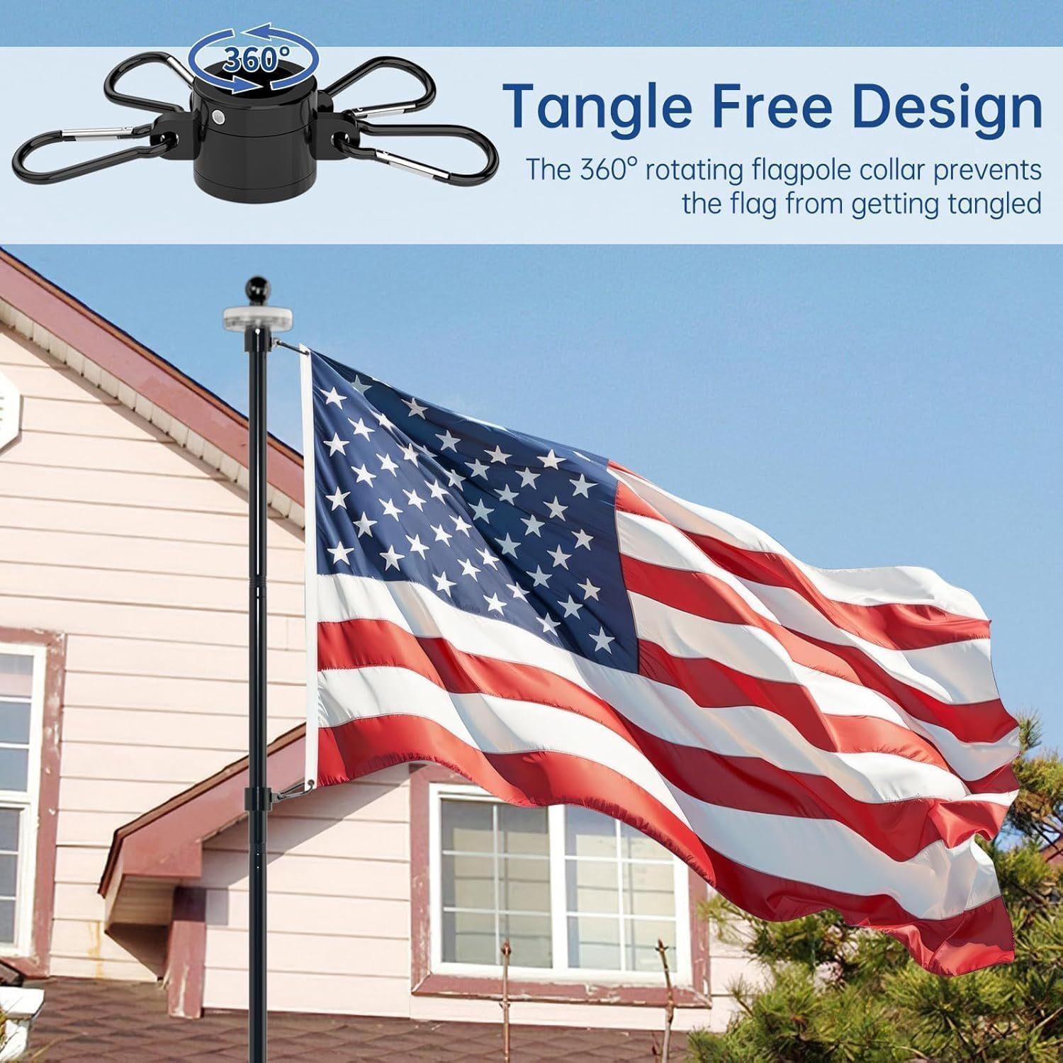 FIASON 1 Pack 12 FT Black Stainless Steel Flag Pole, Heavy Duty Tangle-Free Flagpole with 5-Prong Base, In-Ground Outdoor Yard Commercial Garden Flag Holder Kit, No Flag Included