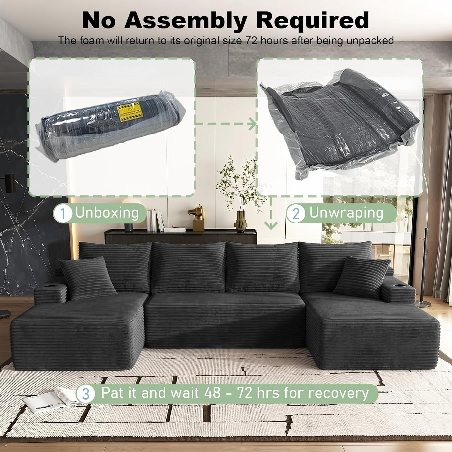 134" Compressible U Shaped Modular Sectional Sofa Set, Minimalist Corduroy Cloud Couch for Living Room, No Assembly Required