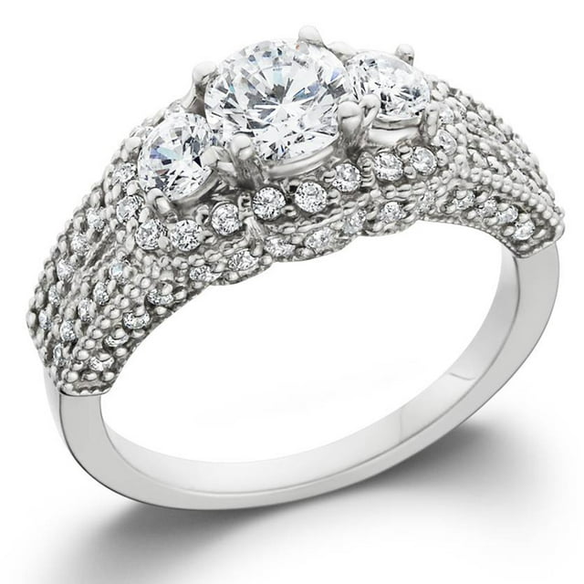 1 3/4ct Rond Trois Pierres Pavé Diamant Bague de Fiançailles 14k Or Blanc