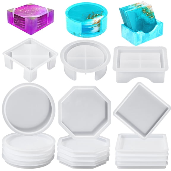 15 PCS Resin Coaster Molds Set, Silicone Epoxy Resin Molds, Round Square Octagonal Shapes for Coasters Candle Holders Decorative Trays, Perfect Gift for Resin Craft Lovers