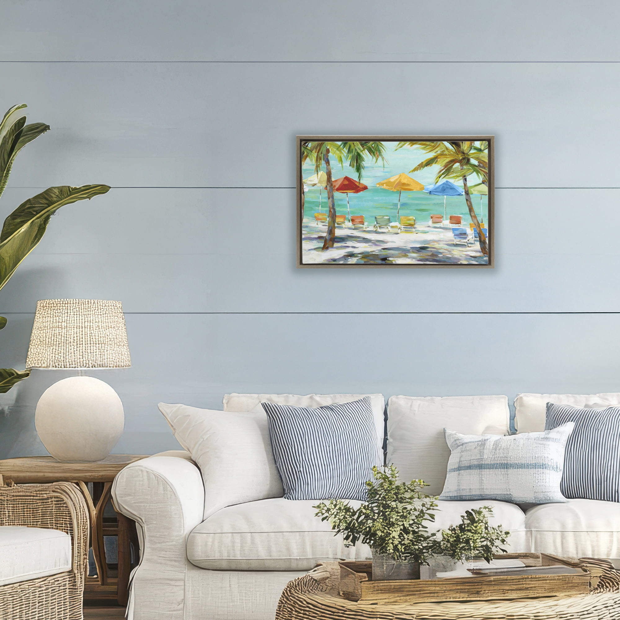 Stupell Industries Umbrellas Under the Palms Brown Framed Floater Canvas Wall Art, design by Lorenzo Collective