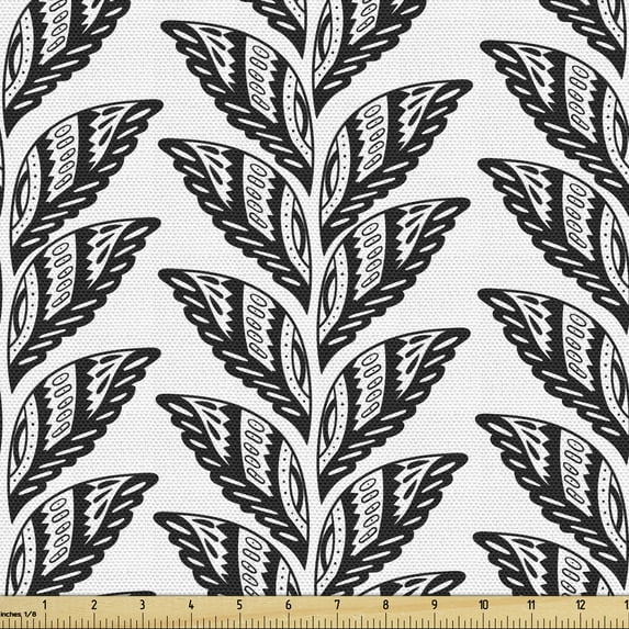 Leaves Fabric by the Yard, Ornamental Style Ethnic Textured Leafage Motifs Floral Blossom of Season Design, Decorative Upholstery Fabric for Sofas and Home Accents, Black and White by Ambesonne