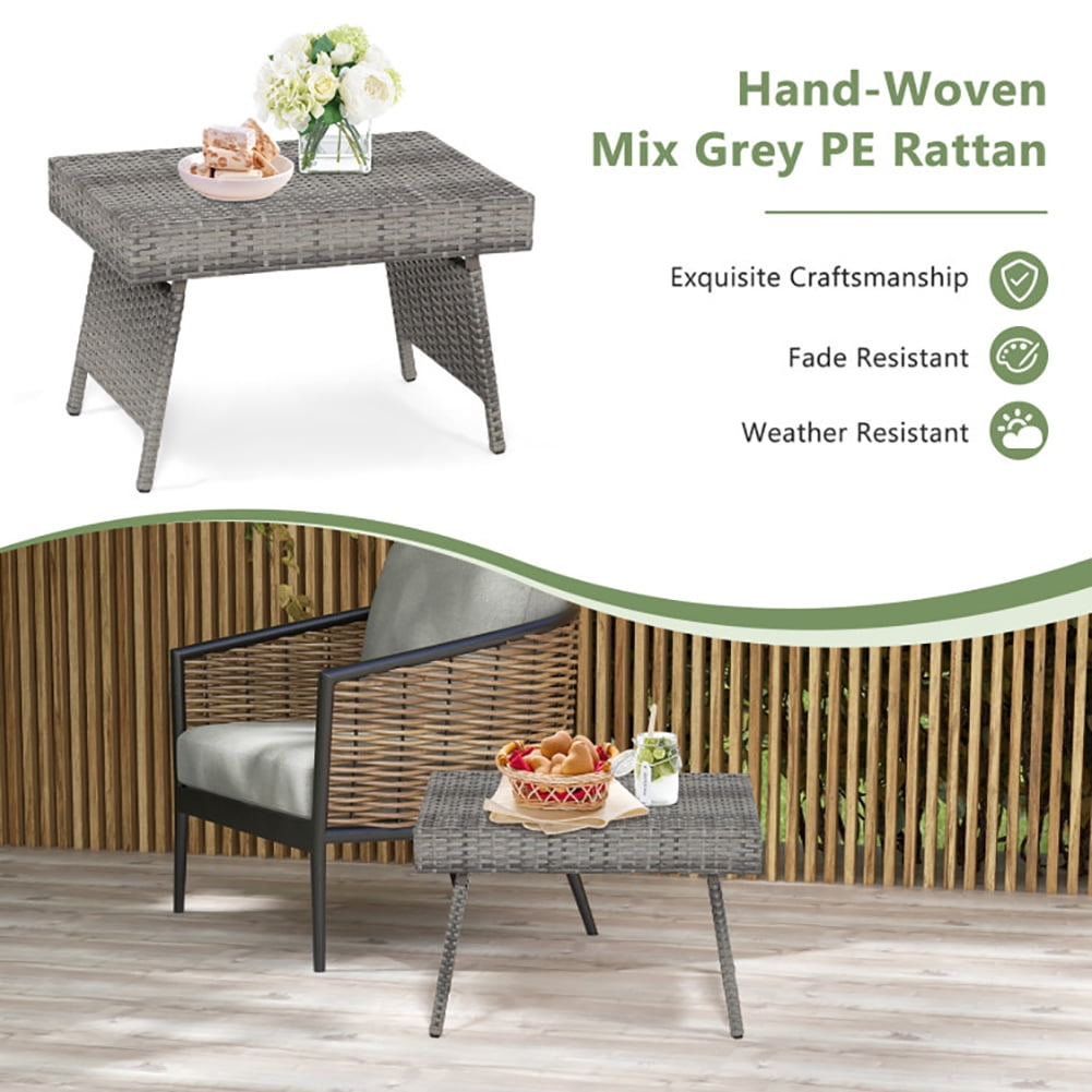Aimee Lii Folding PE Rattan Side Coffee Table Patio Garden Furniture, Outdoor Patio Furniture, Gray