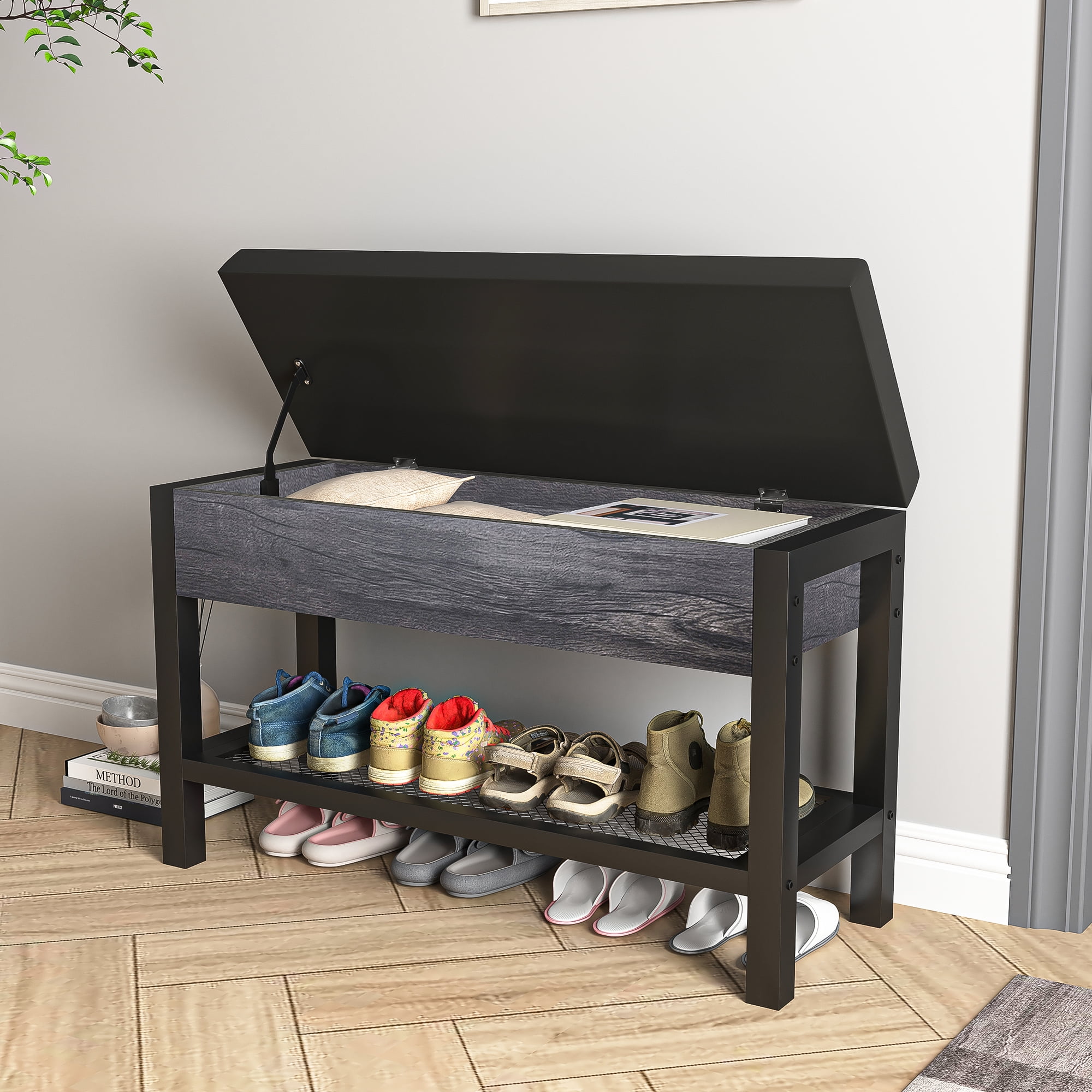 Kadyn Shoe Bench for Entryway, Modern Shoe Bench with Storage Box and Grid Shoe Shelf, Black Kadyn Shoe Bench for Entryway, Modern Shoe Bench with Storage Box and Grid Shoe Shelf, Black