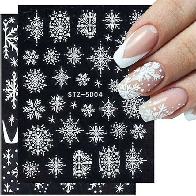 Pegatinas navideñas para decoración de uñas, calcomanías estereoscópicas 5D en relieve, decoraciones navideñas para uñas, copos de nieve blancos, Navidad, Año Nuevo, diseño de arte de uñas, encantos