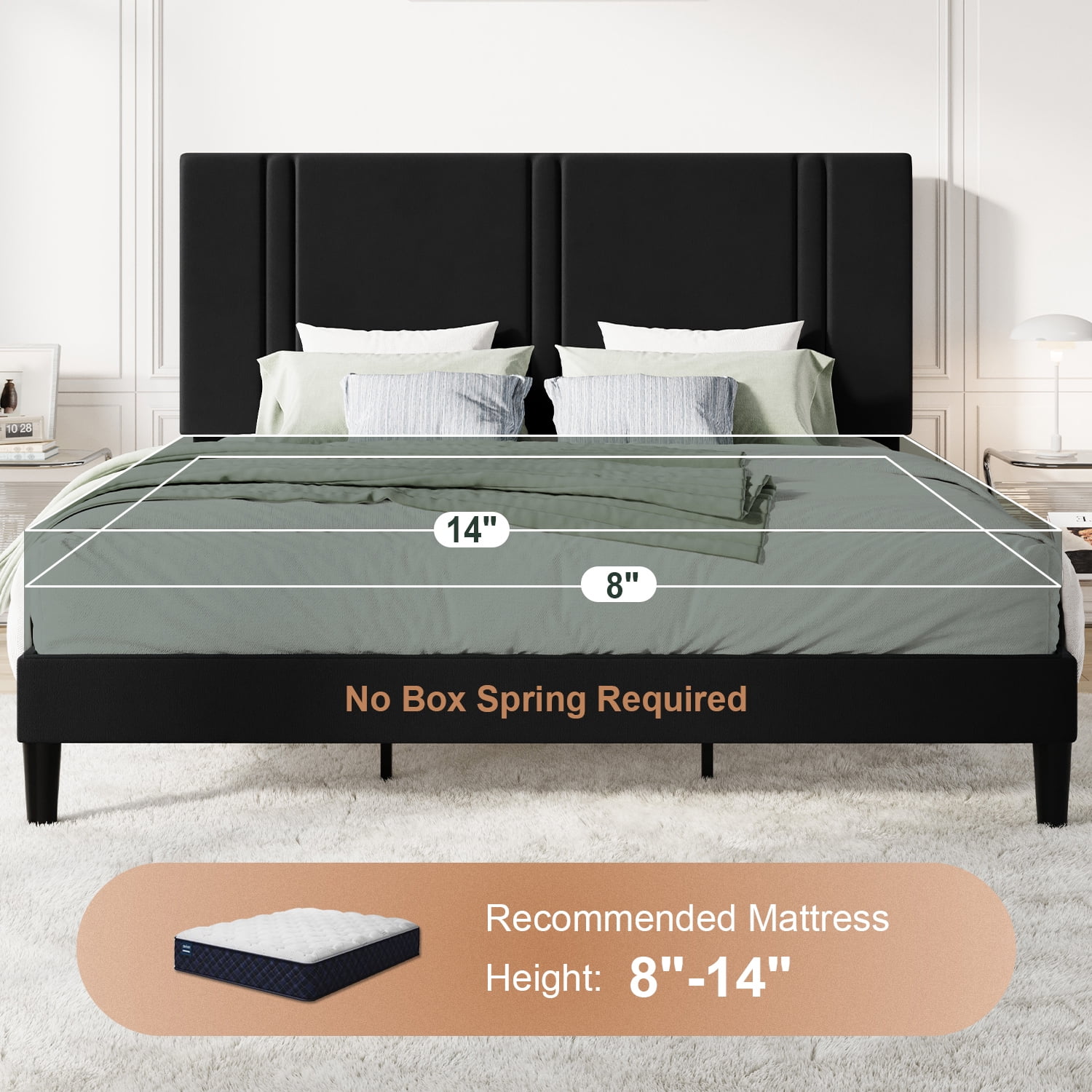 Amolife King Bed Frame, Platform Bed with Upholstered Velvet Adjustable Headboard, Wooden Slats, Easy Assembly, Black