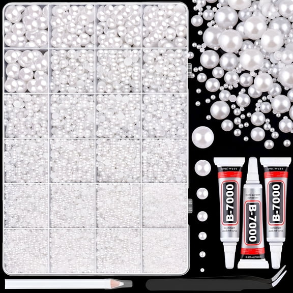 DESIGNICE 16500 Pcs Flatback Pearls Kit, Assorted 2-10mm White Half Pearls with Glue and Tools, DIY Bedazzling Craft Supplies