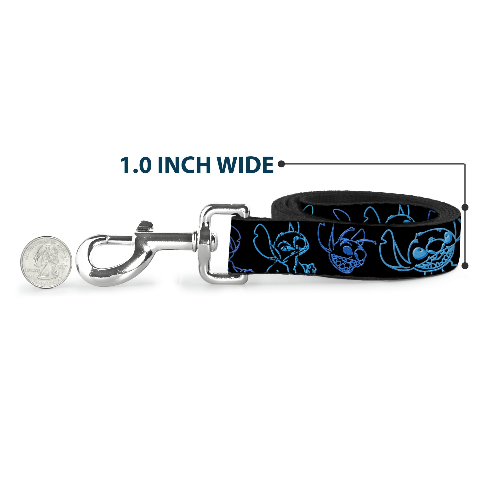 Disney Pet Leash, Dog Leash, Electric Stitch Poses Black Neon Blue, 6 Feet Long 1.0 Inch Wide