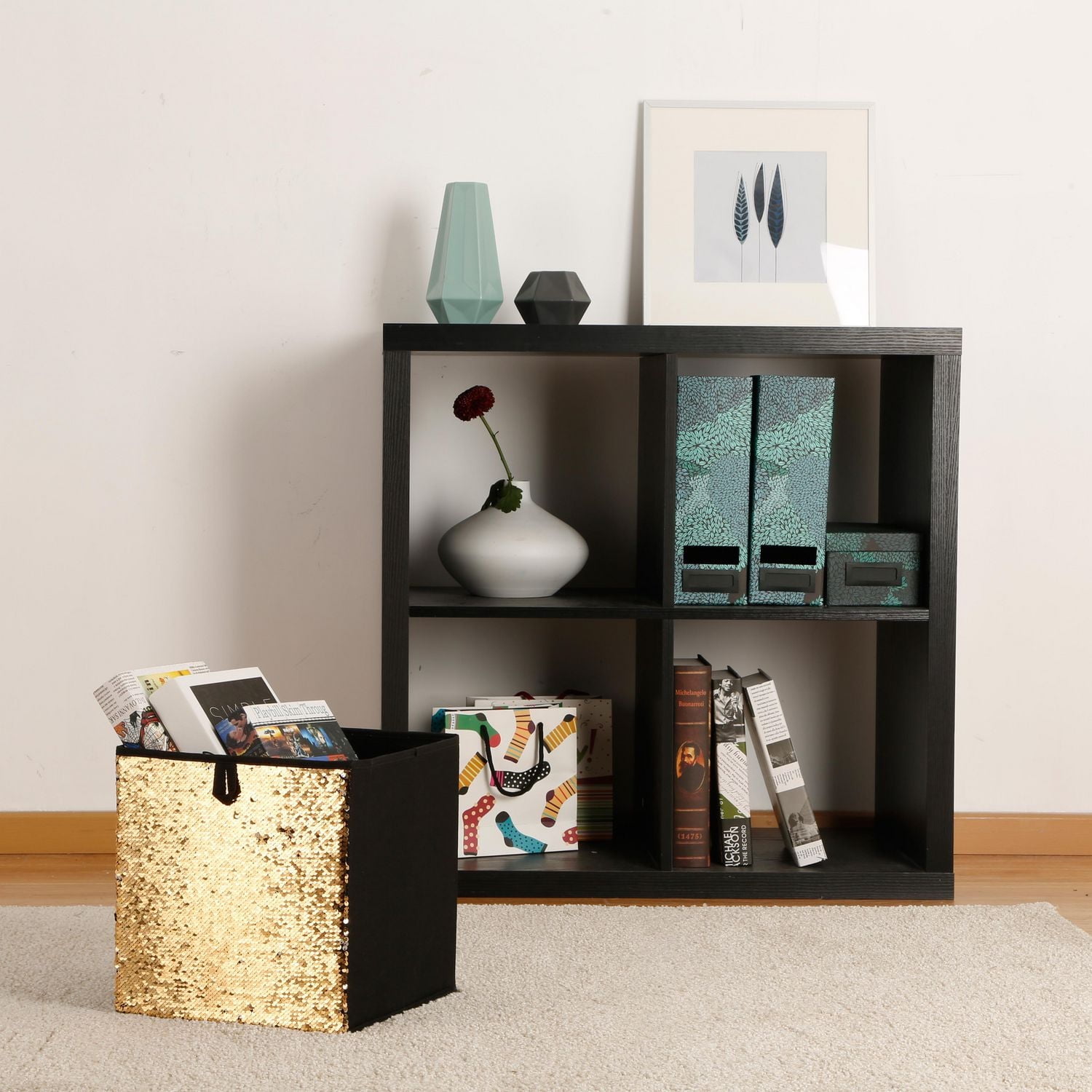 MAINSTAYS Cube Storage bin, front side with golden sequin, foldable when not in use.