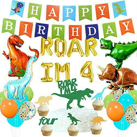 HEETON Roar I'm 4 Balloons T-Rex Four Cake Topper Dinosaur Birthday Cupcake Topper Jurassic Park Birthday Boy Party Supplies Decorations