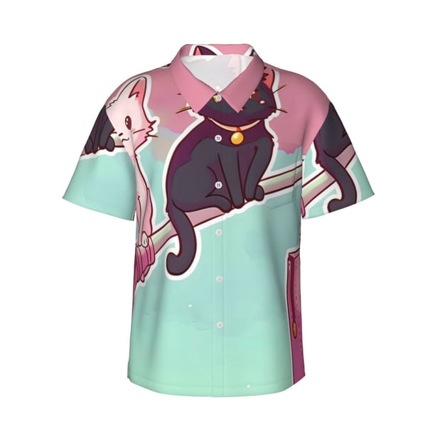 Fotbe Cats On Broomstick Camisa Hawaiana para Hombre Unisex – Camisa Casual de Verano con Botones de Manga Corta de Algodón y Lino,Medium