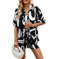 thumbnail image 3 of Women'S Summer 2 Piece Floral Print Blouse Long Sleeve Button Down Shirts Tops Lounge Shorts Casual Tracksuit Set black S, 3 of 9