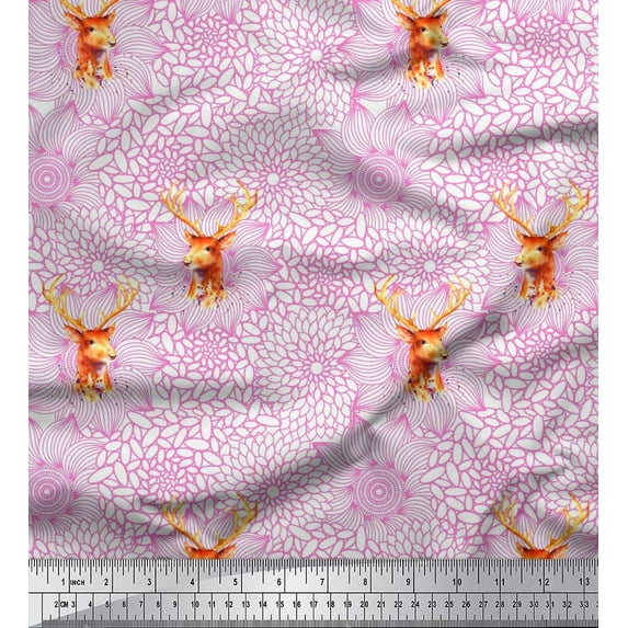Soimoi Poly Georgette Fabric Artistic Flower & Reindeer Face Animal Printed Fabric 1 Yard 42 Inch Wide
