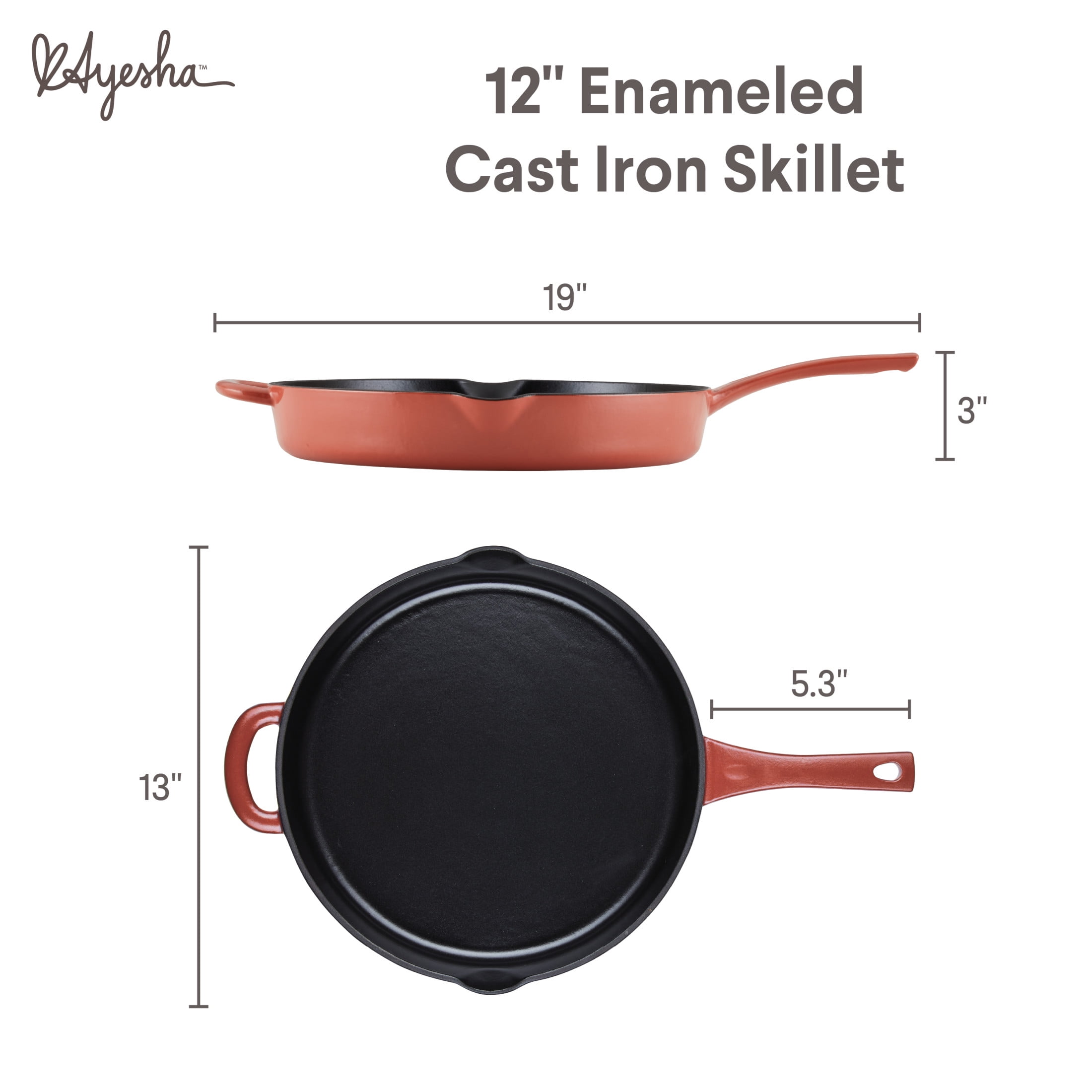 Ayesha Curry Enameled Cast Iron 12 inch Skillet with Helper Handle and Pour Spouts, Redwood Red